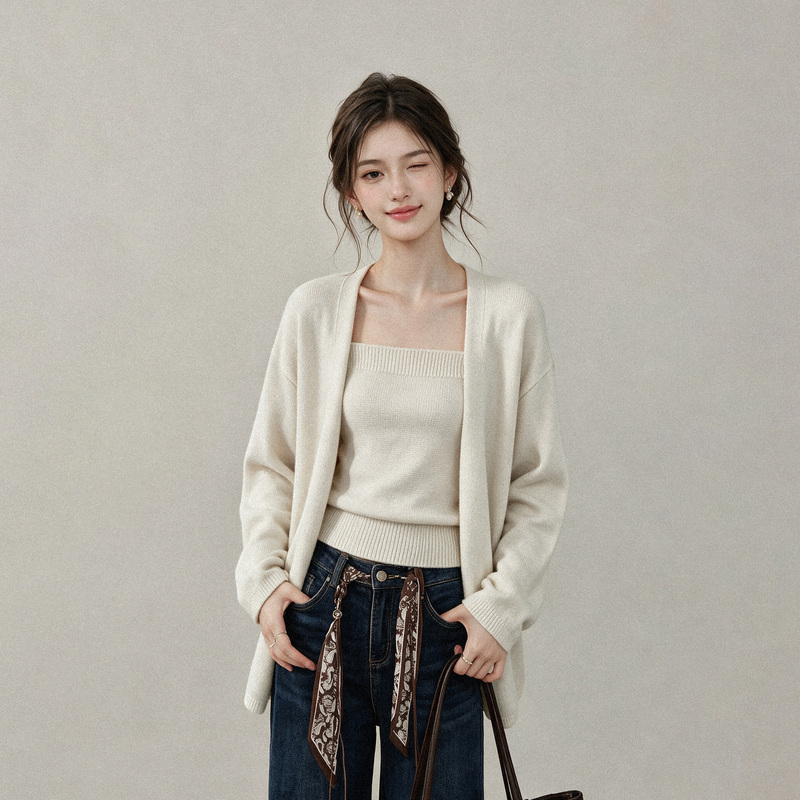 Apricot-Colored Lazy-Style Knitted Cardigan and Camisole Two-Piece Set for Women, 2026 Autumn Design, Simple Sweater Jacket, Trendy