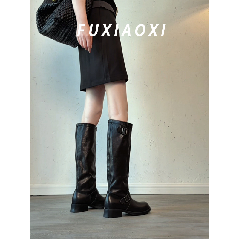 British-Style High-Quality Genuine Leather High-Top Boots with Black Belt Buckle, Chunky Heel, Round Toe, Comfortable Commuter Motorcycle Boots