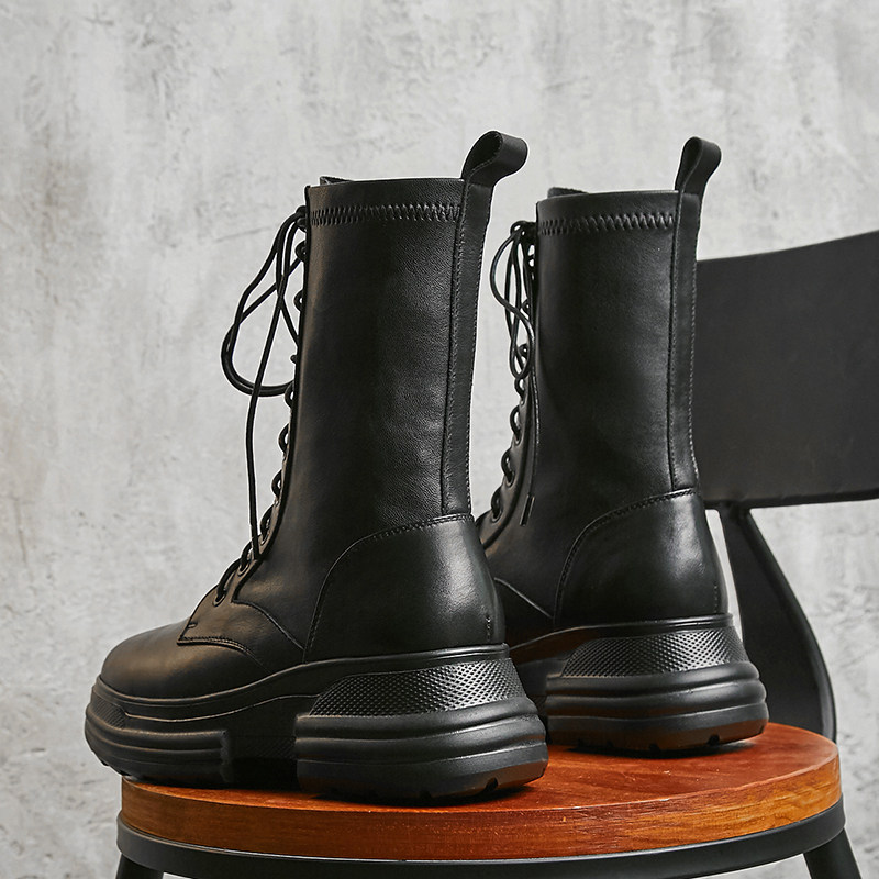 British style thick-soled heightless boots versatile Martin boots women's middle tube 2022 new Spring and Autumn leather single boots locomotive boots