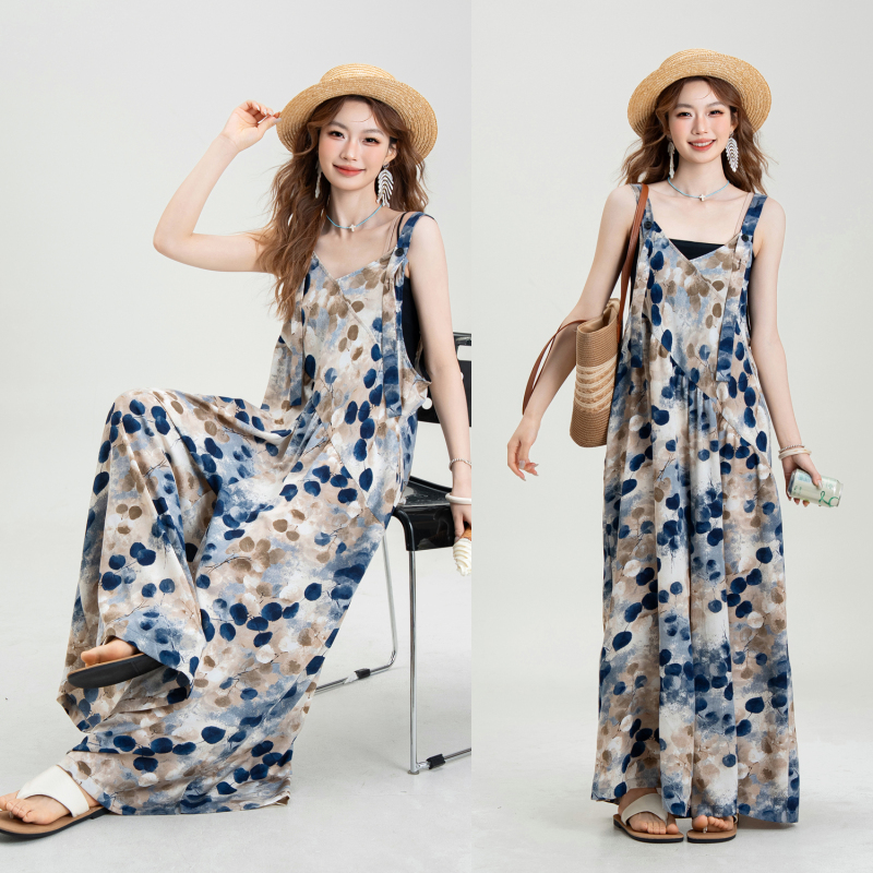 Fc Original Fashionable Artistic Gradient Blue Wave Ball Suspender Jumpsuit for Women, Summer Loose Casual Lazy Wide-Leg Pants