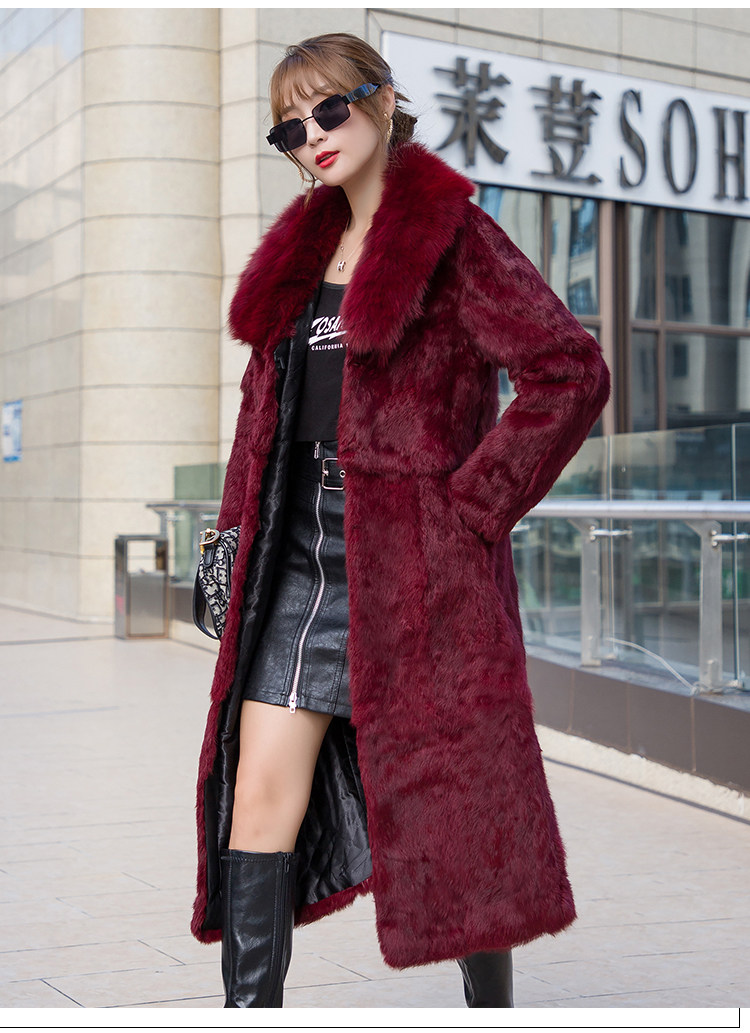 極美品ラピーヌブランシェ　フォックスファー襟ロングベルト付コート L〜XLレッド Womens Fox Fur Collar Real Rabbit Fur Long Jacket Outwear Coat