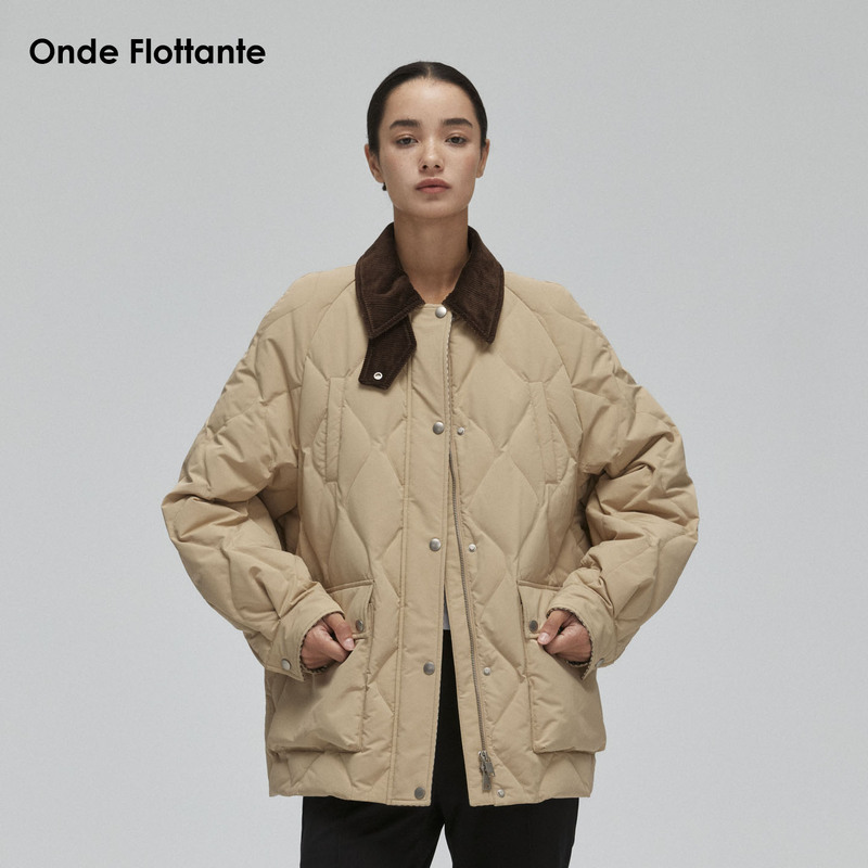 Onde Flottante New 90 White Goose down Corduroy Collar Quilted Work Jacket Silhouette down Coat