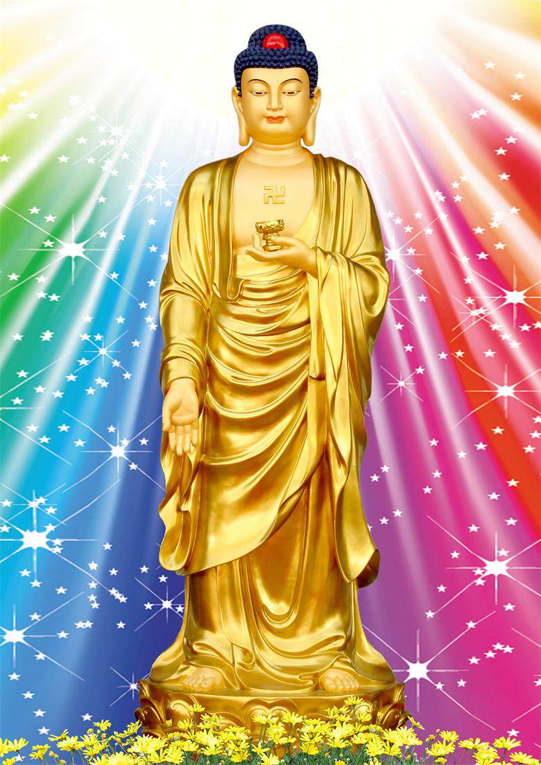 Buddhist golden body Amitabha Buddha holds lotus flower with couplet prints like a look at the break and ease with the Buddha's photos
