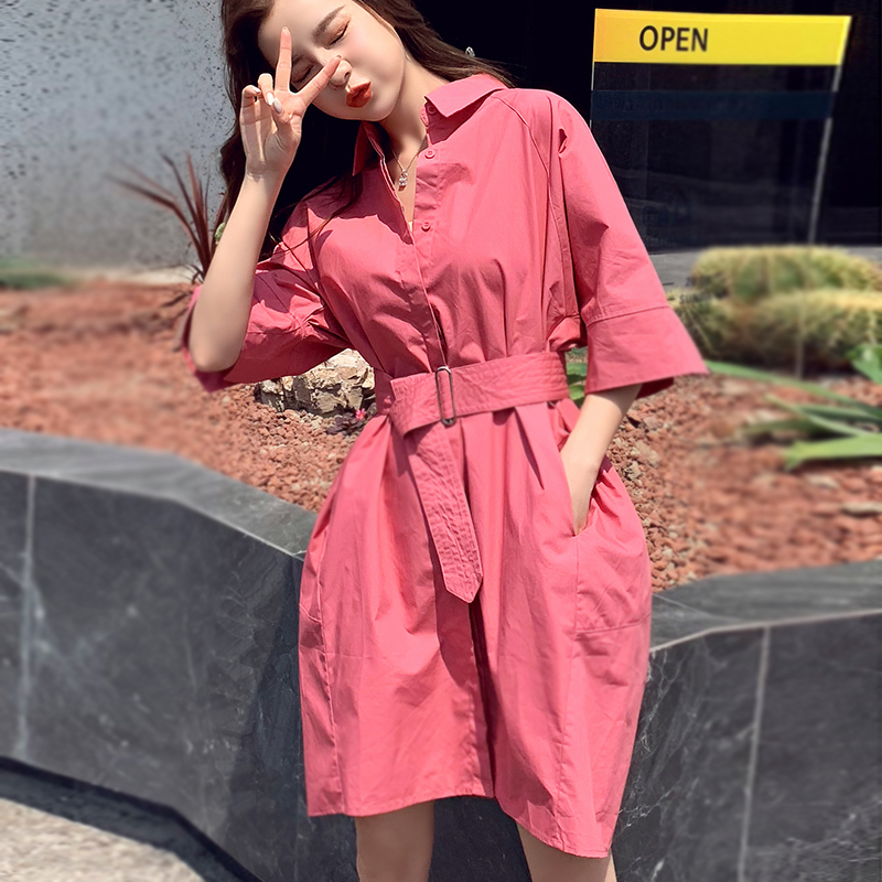 Short-Sleeved Shirt Dress for Women, New Summer Style, High-End, Loose-Fitting, Mid-Length, Slimming, Belly-Covering, Waist-Cinching Skirt