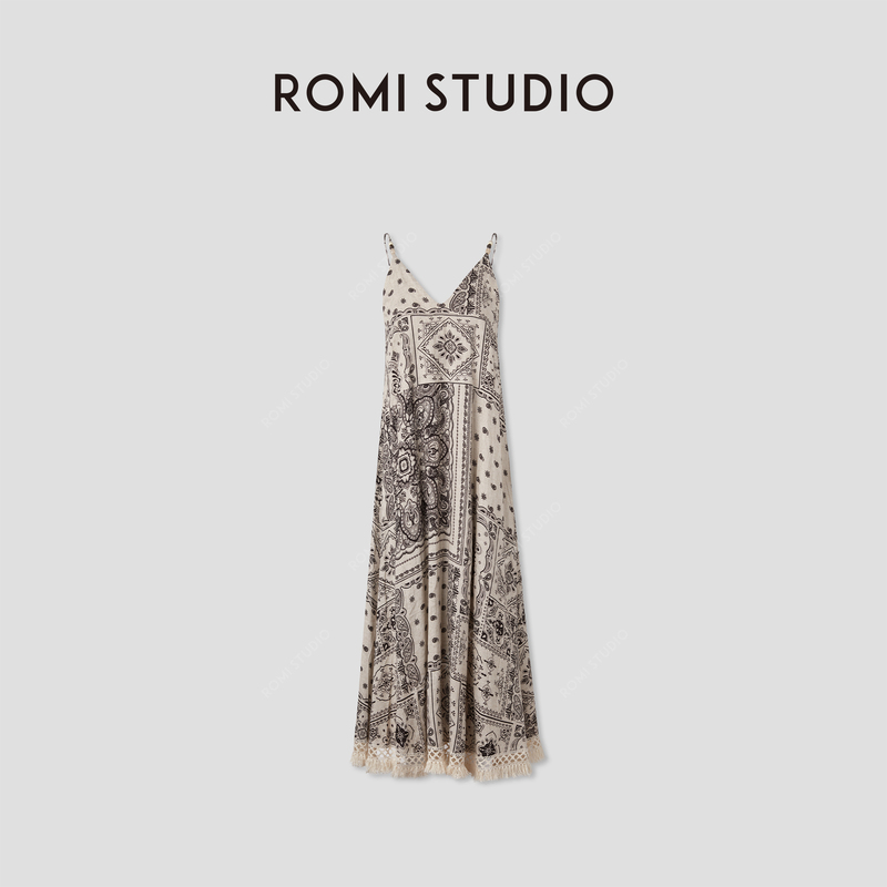 Romi Studio Retro Elegant Linen Blend Holiday Style Tassel Suspender Dress Rwcrl84346