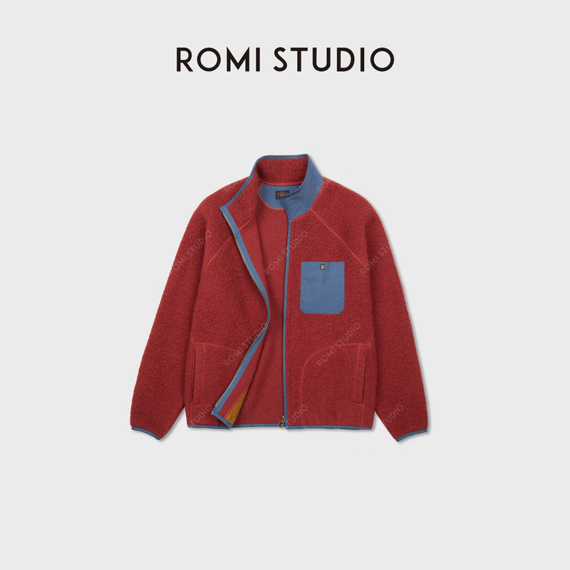 Romi Studio Strong Shrink Cotton Wool Retro Color-Blocked Knitted Fleece Stand-Up Collar Jacket Rwcwwy6861