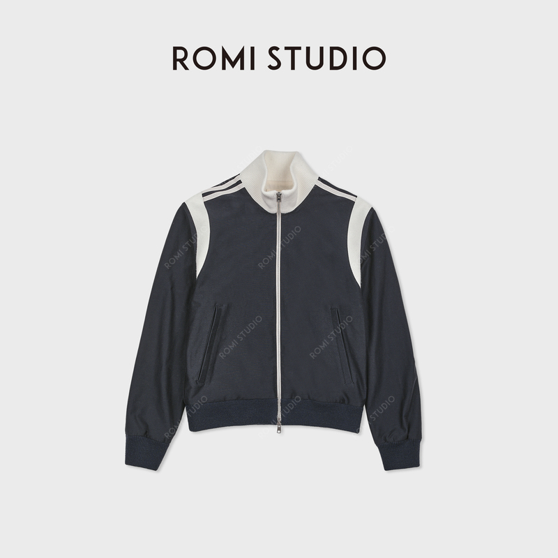 Romi Studio Sports Casual Stand-Up Collar Zipper Blue and White Sports Silhouette Jacket Rwdsw91807 Romi Studio Sports Casual Stand-Up Collar Zipper Blue and White Sports Silhouette Jacket Rwdsw91807