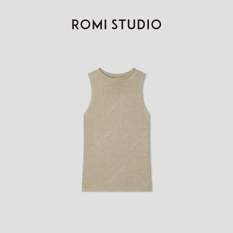 Romi Studio Simple and Relaxed Linen-Cotton Blend Rolled Edge Round Neck Sleeveless Vest Rwcrst3204
