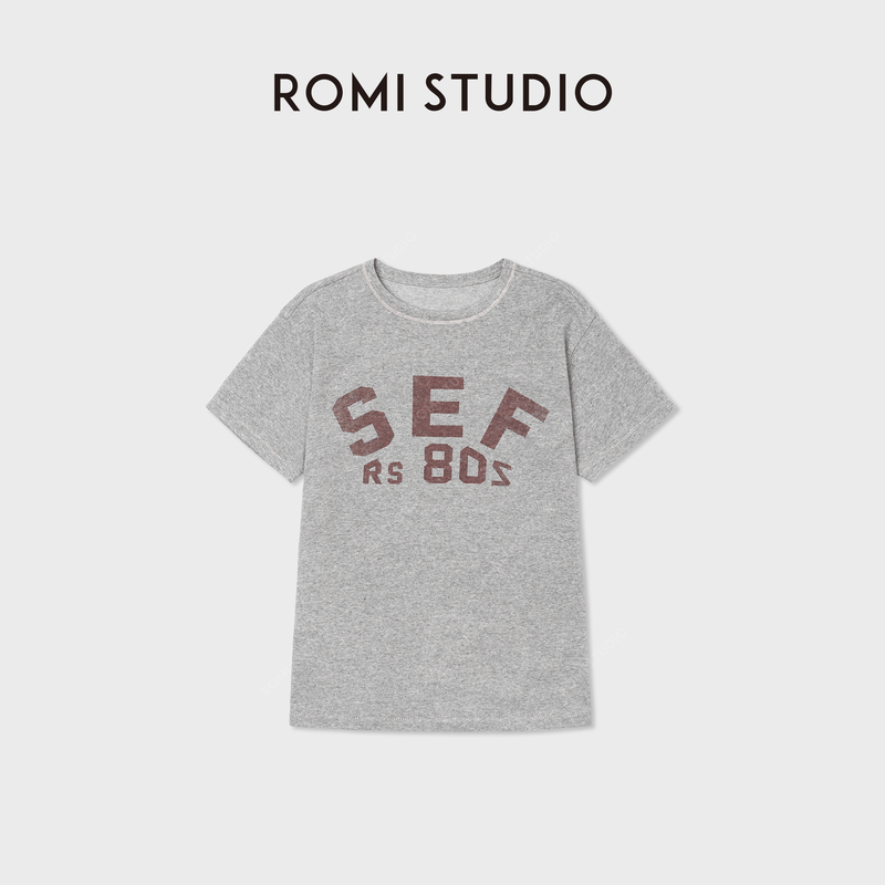 Romi Studio American College-Style Cotton Yarn-Feel Stretchy Skin-Feel Printed Short-Sleeved T-Shirt Rwcas66686