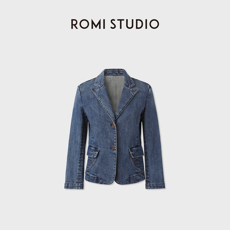 Romi Studio Four Seasons Denim Original Denim Texture Notch Lapel Double-Breasted Jacket Rwcsw87484
