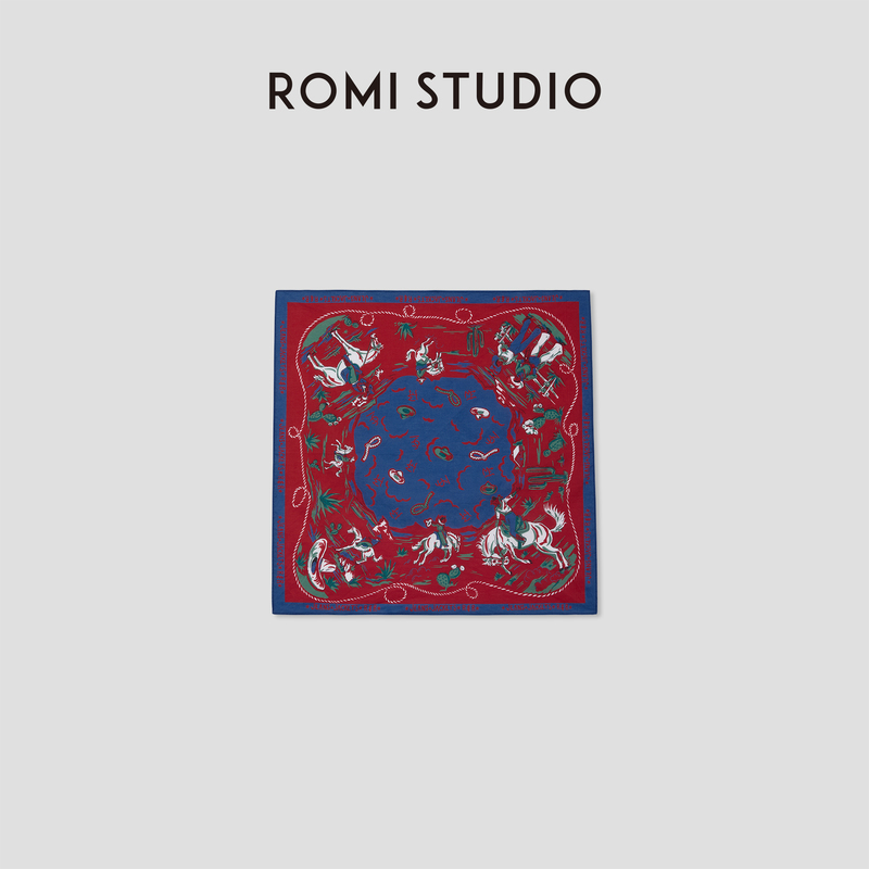 Romi Studio Xinjiang Cotton All-Cotton Red and Blue Contrasting Color Retro-Style Square Scarf Rwcrp33132