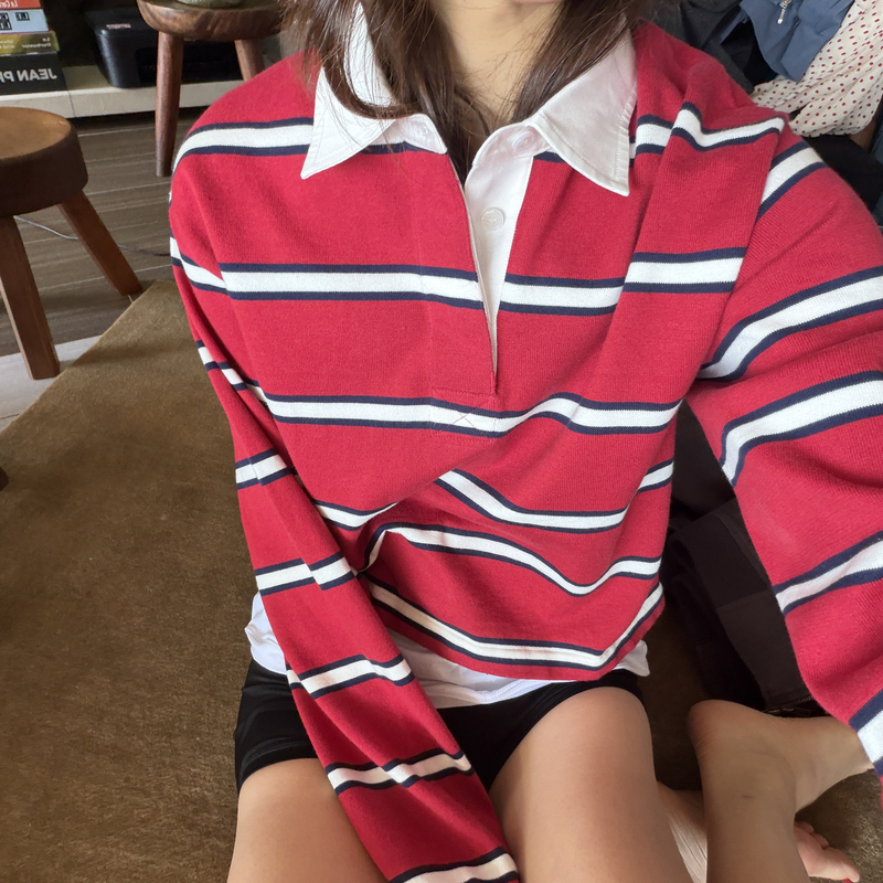Romi Studio American-Style Red and White Striped Cotton Long-Sleeved Knitted Top Rwdss92031 Romi Studio American-Style Red and White Striped Cotton Long-Sleeved Knitted Top Rwdss92031