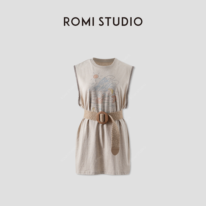 Romi Studio American-Style Fun Hand-Painted Printed Cotton Loose Mid-Length Sleeveless T-Shirt Rwcrs84180