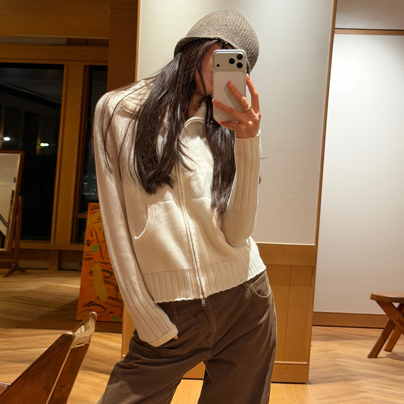 Romi Studio Cashmere Wool Stand-Up Collar Zipper Cardigan Loose Shoulder-Length Sleeve Knitted Sweater Rwcsst2242