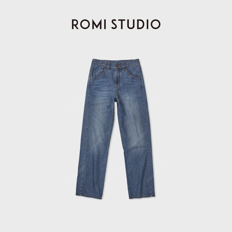 Romi Studio American Retro Style Washed Contrast Color Topstitched High-Waisted Straight-Leg Jeans Rwdrx84102