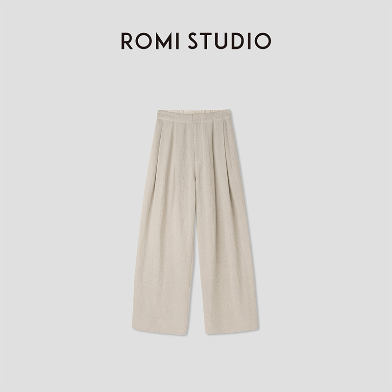 Romi Studio French Casual Versatile Linen Blend Slightly Wrinkled Texture Straight-Leg Casual Pants 24Ssk598