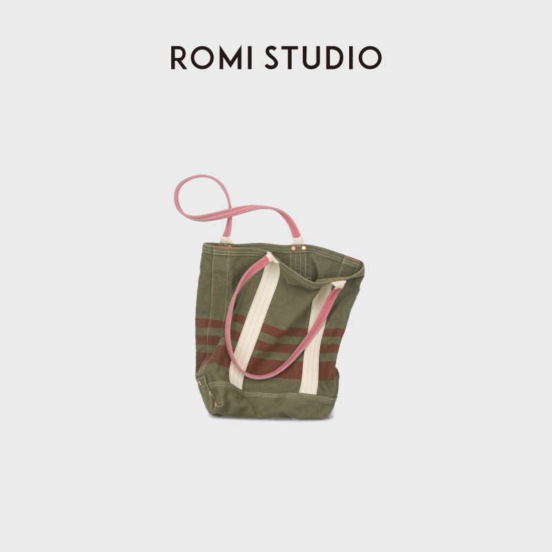 Romi Studio Heavy-Duty Washed Horizontal Striped Canvas Cotton Vintage Handbag Tote Bag Rwdsp82953
