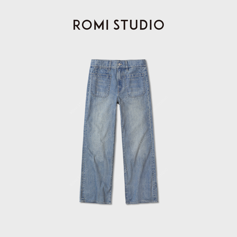 Romi Studio 100% Cotton Retro Gradient Washed Large Patch Pocket Work Jeans Rwdrx53604