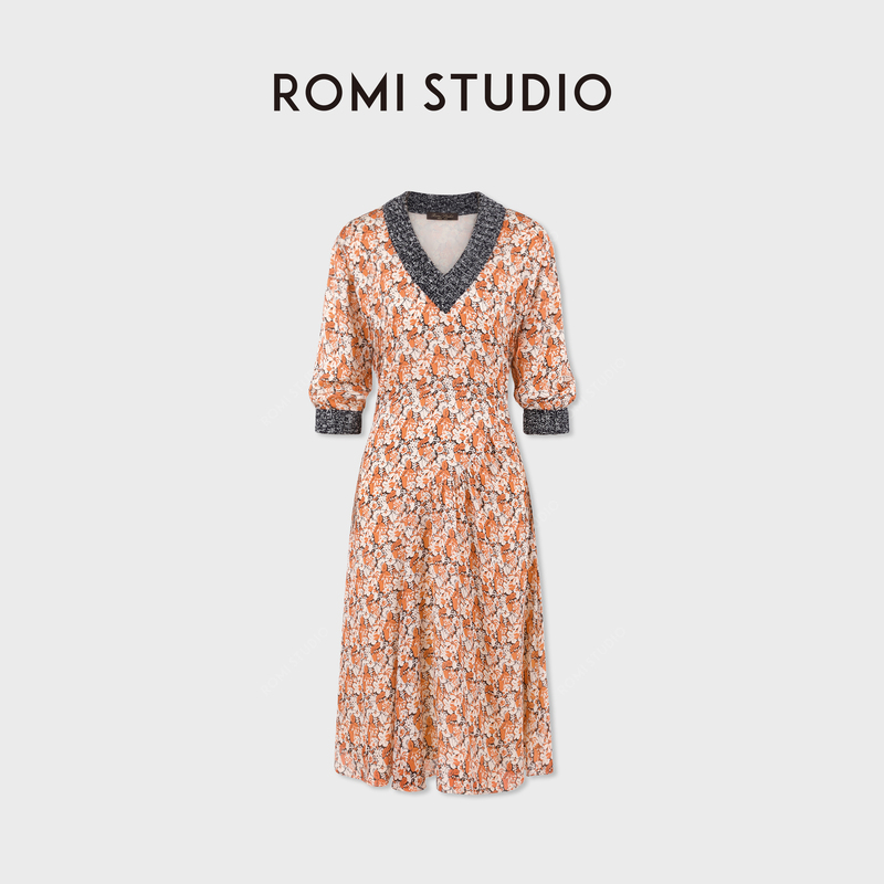 Romi Studio French Retro 100% Mulberry Silk Contrasting Woolen Printed Dress Rwdrly3074