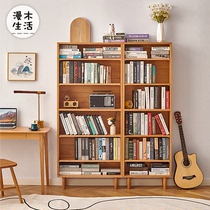 Nordic solid wood bookshelf Japanese simple cherry wood bookcase multifunctional oak floor-to-ceiling storage rack full wall display cabinet