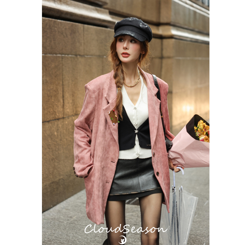 Cloudseason Officially Authorized Smoke Pink Suede Blazer Women's Autumn New Loose Casual Suit