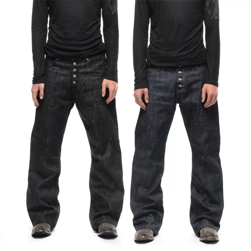 High-End No Faith Studios Japanese Red-Edged Straight-Leg Bootcut Jeans with Button Placket in Raw Denim High-End No Faith Studios Japanese Red-Edged Straight-Leg Bootcut Jeans with Button Placket in Raw Denim
