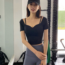 With chest pad sports short sleeves sexy beauty back fitness vest solid color quick dry yoga clothes outside wear casual base shirt Women