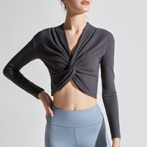 Long sleeve fitness clothes elastic sweat-absorbing sports top V-neck navel yoga clothes running T-shirt autumn and winter personality kink women