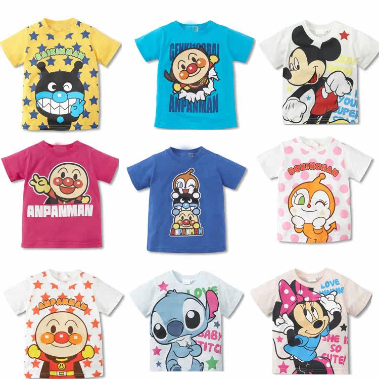 Autumn and winter bottoming shirt children's clothing Anpanman car story Mickey Minnie Stitch cotton children's short-sleeved T-shirt