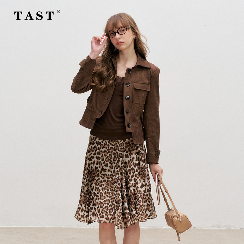 Tast Maillard Brown Faux Suede Short Jacket for Women 2026 Autumn New Style Turn-Down Collar Vintage Workwear Jacket Top