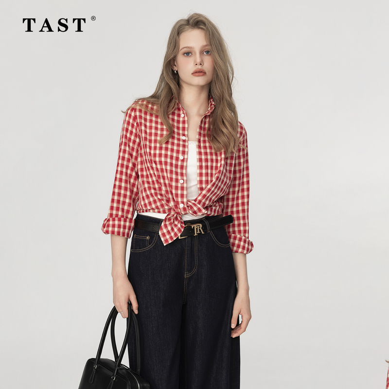 Tast Retro Red Plaid Long-Sleeved Shirt for Women, Loose Slimming Square Collar Casual Shirt, Versatile Top for Layering