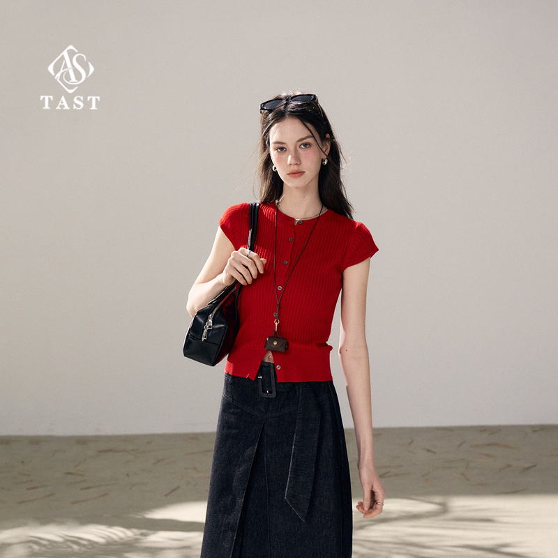 Tast Original Red Short-Sleeved Top for Women, Knitted Cardigan, Elegant, Slim Fit, Versatile, Slimming, New Summer Style, Round Neck, Office Lady Style
