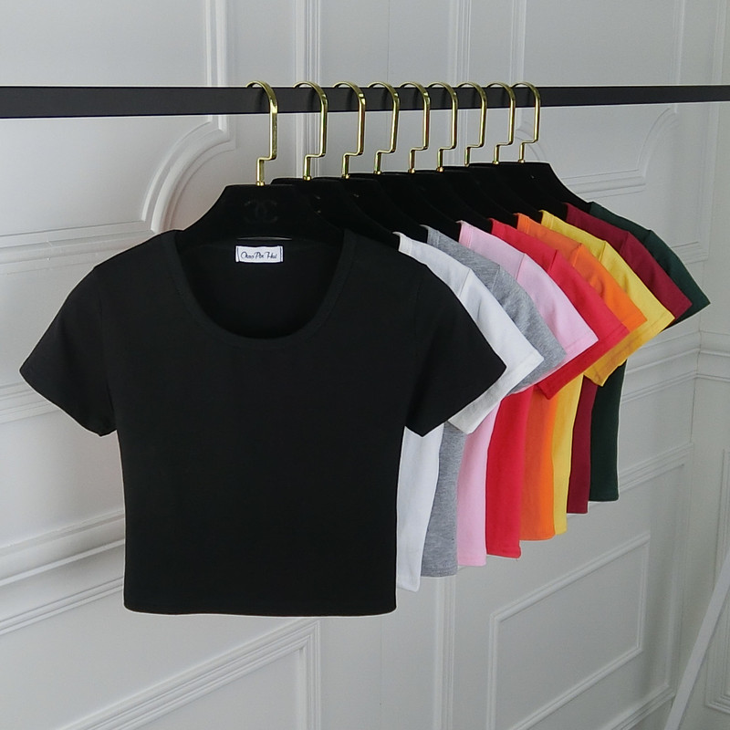 Navel-Baring Short-Sleeved T-Shirt for Women, Summer Korean Style, Pure Cotton, Short, Belly-Baring, Tight-Fitting, High-Waisted Top, Short Shirt