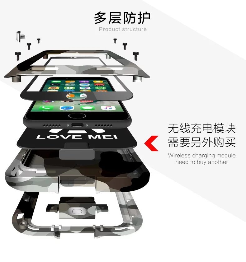 LOVE MEI Powerful Camo Series Small Waist Water Resistant Shockproof Dust/Dirt/Snow Proof Aluminum Metal Outdoor Gorilla Glass Heavy Duty Case Cover for Apple iPhone 7 Plus & iPhone 7