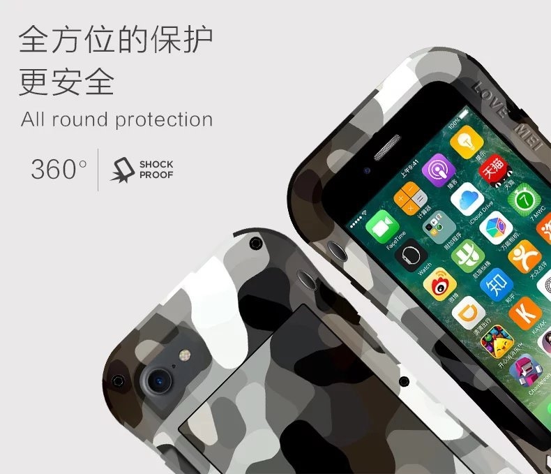 LOVE MEI Powerful Camo Series Small Waist Water Resistant Shockproof Dust/Dirt/Snow Proof Aluminum Metal Outdoor Gorilla Glass Heavy Duty Case Cover for Apple iPhone 7 Plus & iPhone 7