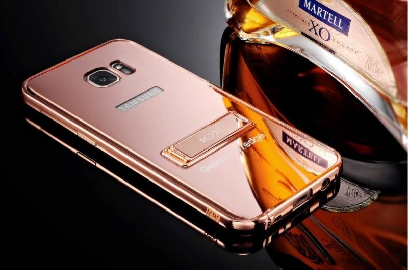 KXX Luxury Electroplate Stainless Steel Metal Bumper Acrylic Mirror Back Cover Case with Kickstand for Samsung Galaxy S7 Edge