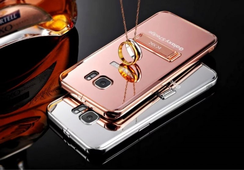 KXX Luxury Electroplate Stainless Steel Metal Bumper Acrylic Mirror Back Cover Case with Kickstand for Samsung Galaxy S7 Edge