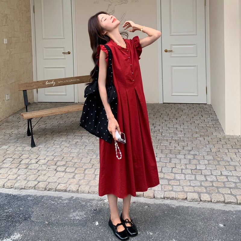 Maternity Red Dress with Flutter Sleeves, 2026 Summer New French Retro Style, Conceals Belly Without Appearing Pregnant, Elegant Dress