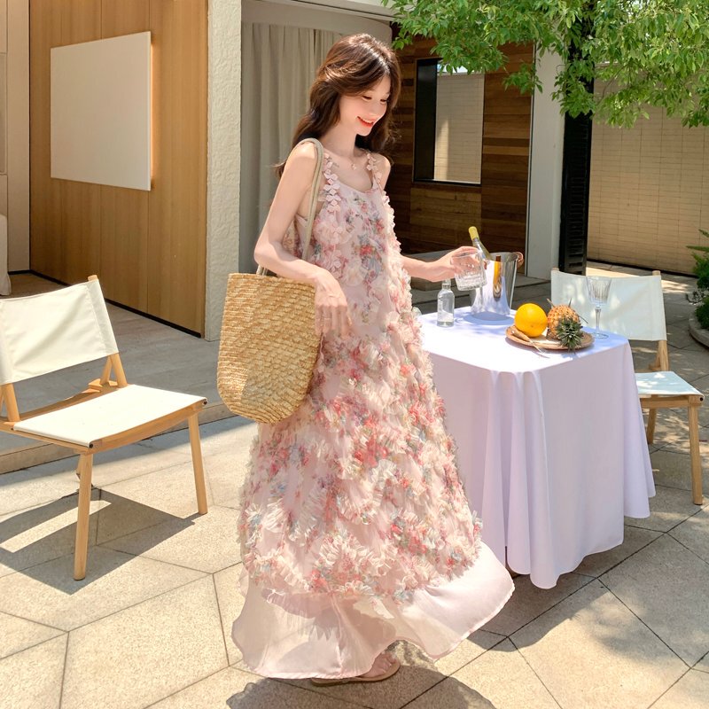 Maternity Pink Spaghetti Strap Dress for Women 2026 New Summer French Sweet Style Pregnant Mom Vacation Outfit Summer Dress