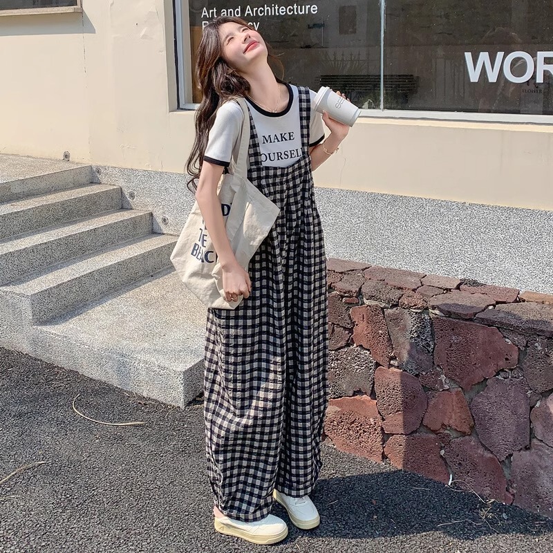 Maternity Summer Thin Plaid Overalls 2026 Summer New Style Large Size Loose Fashion Casual Belly-Covering Jumpsuit