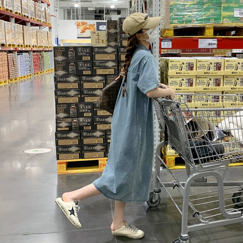 Pregnant Women's Summer Short-Sleeved Denim Dress 2026 New Casual Loose French Retro Style Shirt Dress