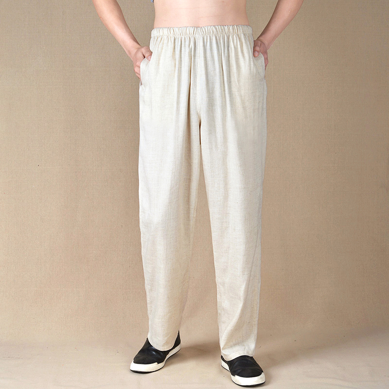 Summer-thin cotton linen casual pants male large size lenient Tang fit linen pants in old age tightness waist length pants Gpants