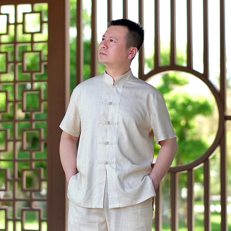 Linen Tang dress men's summer short-sleeved shirt suit Ultra-thin breathable loose Chinese old-age national wind grandpa dad outfit