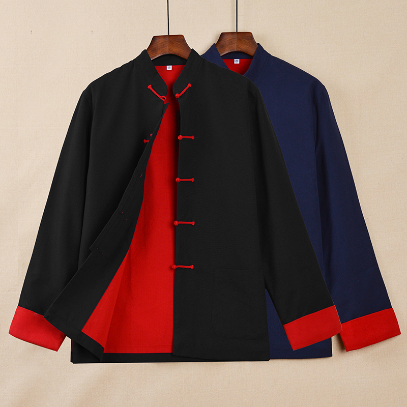 Pure cotton coarse cloth Tang suit men's autumn retro Chinese style buckle long-sleeved top Chinese style middle-aged and elderly Hanfu father's clothing