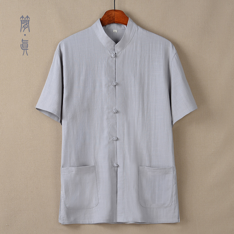 Cotton and linen Tang suit men's summer thin short-sleeved shirt Chinese-style buttoned linen middle-aged and elderly undershirt top loose dad's dress