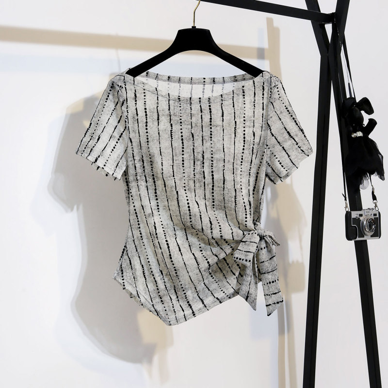 Short-Sleeved T-Shirt for Women 2026 Summer New Style Striped Polka Dot Slightly See-Through Petite Irregular Hem Bow Top