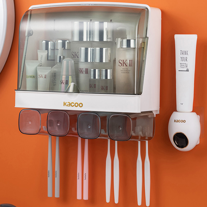 Toothbrush tooth cup rack wall-mounted transparent dust-proof bathroom punch-free storage box plastic rack mouthwash cup set
