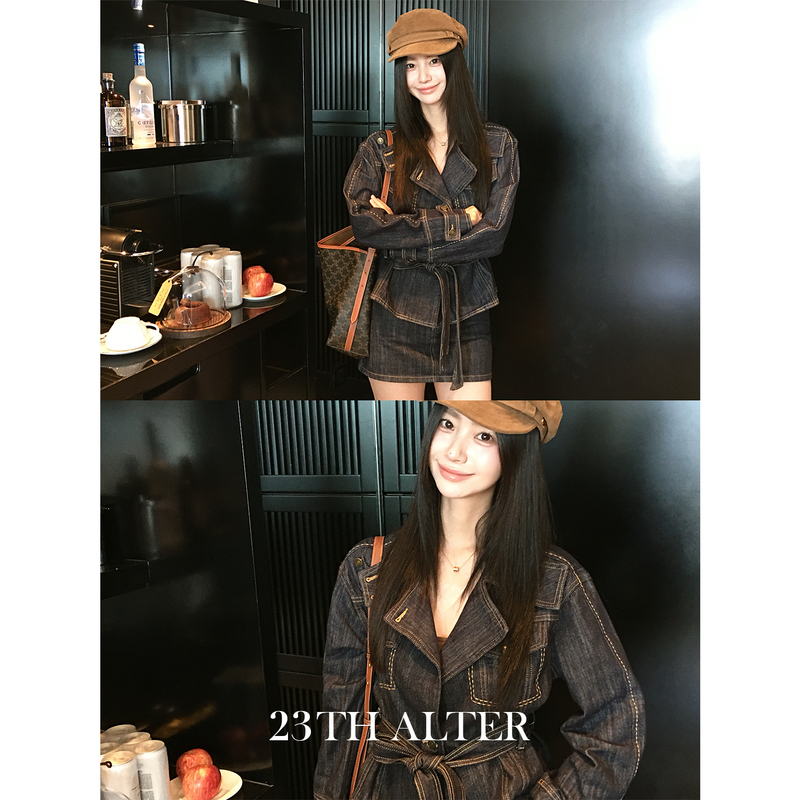 23Th Parisian Style Original Denim Color-Blocked Contrast Stitching Lapel Silhouette Waist-Cinching Jacket and Hip-Hugging Skirt Set