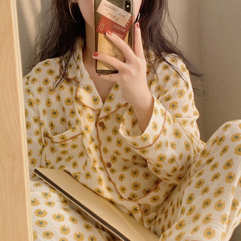 South Korean ins ~ small daisie in spring autumn pure cotton pyjamas woman long sleeve sweet and beautiful printed home in two style suits