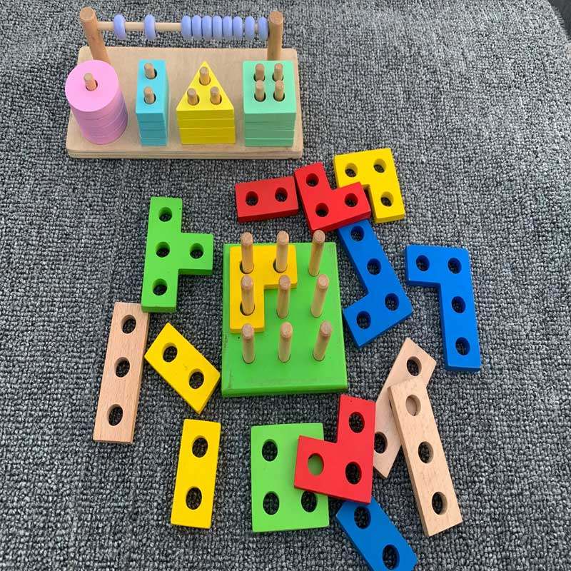 Wooden children shape pairing puzzle toy baby 1-6-year-old two-in-one count bead geometric four sets of column building blocks
